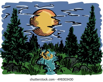 Landscape vector illustration. Doodle style. Sketch color forest, river, background, graphic, nature, design, sun, tree, sunset, evening, cloud, print, plant. Eps10.