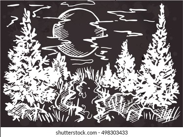 Landscape vector illustration. Doodle style. Sketch color forest, river, background, graphic, nature, design, sun, tree, sunset, evening, cloud, print, plant. Eps10.