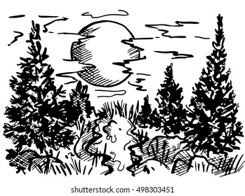 Landscape vector illustration. Doodle style. Sketch color forest, river, background, graphic, nature, design, sun, tree, sunset, evening, cloud, print, plant. Eps10.
