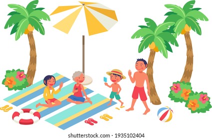 
Landscape Vector Illustration Of A Family Who Came To The Beach In The Summer (isometric)