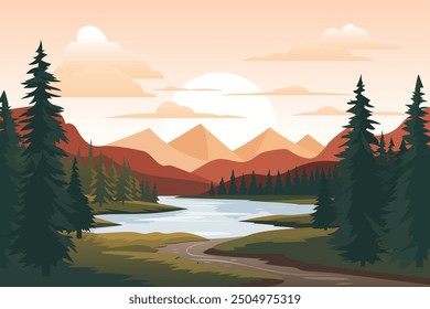 Landscape vector illustration of forest with lake and mountains. Beautiful landscape of lake, coniferous forest, trees, mountains and clouds at sunrise or sunset.