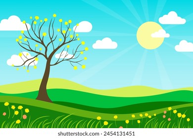 Landscape vector illustration of green fields and meadows, spring flowers and blossoming tree. Simple landscape of natural green fields with lush grass. Natural landscape.