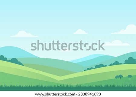 Landscape vector illustration of green fields and meadows. Simple landscape of natural green fields with lush grass. natural landscape
