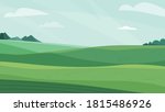 Landscape vector illustration. Green meadow field, hill, plants and blue sky with clouds. Nature spring, summer farm scenery. Countryside for organic production background.