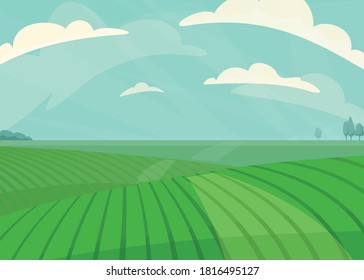 Landscape vector illustration. Green meadow field, hill, plants and blue sky with clouds. Nature spring, summer farm scenery. Countryside for organic production background.