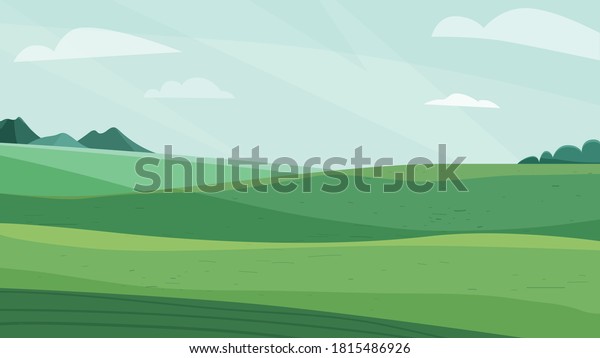 Landscape vector\
illustration. Green meadow field, hill, plants and blue sky with\
clouds. Nature spring, summer farm scenery. Countryside for organic\
production\
background.