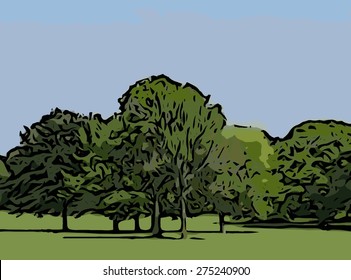 landscape vector illustration, group, copse of trees in grassland, parkland, countryside. with blue sky background. 