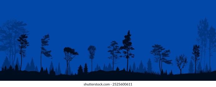 Paisaje Ilustración vectorial Panorama Horizontal Vista Bosques azules Selva Naturaleza Paisaje Árboles Pájaros del cielo Niebla Escena atmosférica