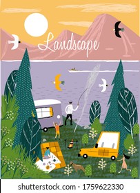 Paisaje. Ilustración vectorial con lago, campamento, carpas, gente para banner impreso, afiche, diseño.
