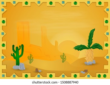 landscape vector illustration of a Mexican desert in the frame of the sun, the cacti and mountains