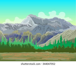 landscape vector illustration with mountain and forest 