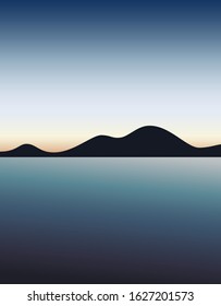 Landscape vector illustration with a mountain silhouette near the water and sky with sun lights in the background. Minimal stylized design in blue shades.