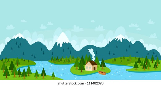 Landscape vector illustration with mountains, forest, river, island with house and boat