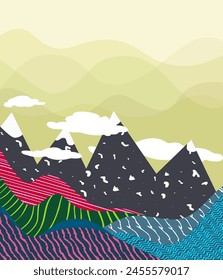 Landscape. Vector illustration of mountains, trees, plants, fields and animals. For prints, cover or card designs, art decoration.