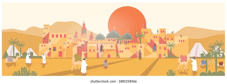 Landscape Vector illustration of mud brick oasis village in the desert during Covid-19 pandemic.Muslim brick village with traveller,camel,cat and tent.People wearing mask and making social distancing.