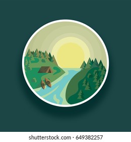 Landscape vector illustration river and green forest against sun. Landscape green forest, sun and tourist tent. Flat design vector