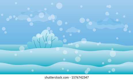 Landscape vector illustration with snow, trees and snowflakes. Vector background.