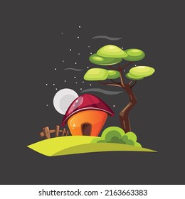 Ilustración de vectores paisajísticos con árbol, casa, hierba, luna y fondo negro. Hermoso paisaje de pueblo para su página.