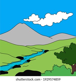 Ilustración del vector de paisaje. Vista de aldea