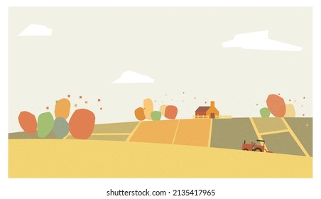 Landscape vector illustration.Minimal countryside in autumn.Farmhouse and truck in crops field.