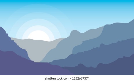 Landscape vector illustrations with hills, mountains, sky and sun.