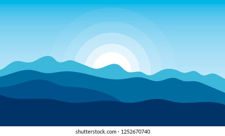 Landscape vector illustrations with hills, mountains, sky and sun.