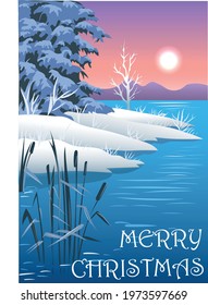 Landscape Vector image Merry Christmas greeting card