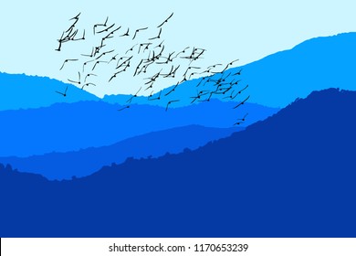Landscape vector image. Mountains and birds. Colorful nature background.