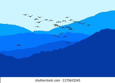 Landscape vector image. Mountains and birds. Colorful nature background.