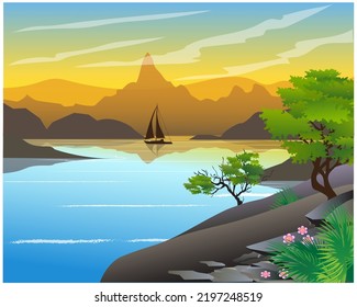 A landscape vector image of a vast and beautiful lake.