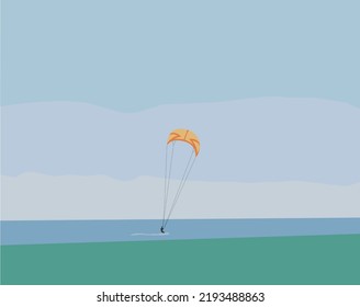 landscape vector a kite boarder is surfing in the water, flat illustration with retro colors, blue, green and yellow.