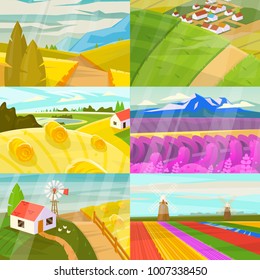 Landscape vector landscaping countryside of meadows fields and lands with natural landscaped sunny view of country set illustration isolated on white background