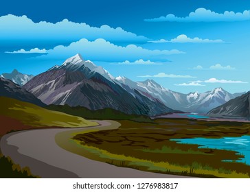 landscape vector mountain land river water road