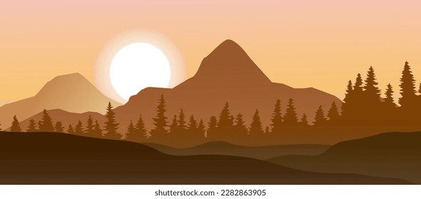 Vector paisajístico. El paisaje de montaña. Fondo del vector del atardecer.