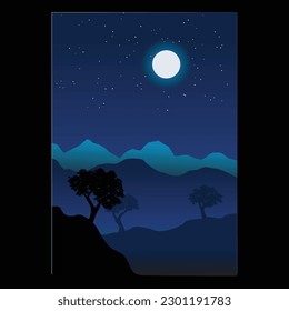 Vector paisajístico con silueta de montaña, árbol y color nocturno