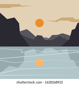 Landscape vector with mountains view,cloud and sun. Reflection on the lake.