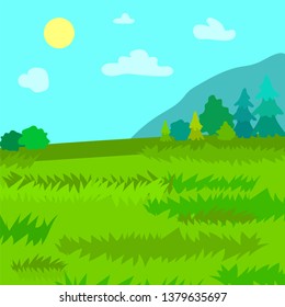 Landscape vector, nature with forest and trees. Sunshine on clear sky, mountains and clouds, green lawn greenery of summer. Vacation calm holidays