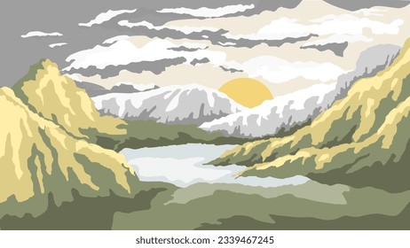 Vector paisajístico. Naturaleza. Bosque de las montañas. Cielo. Río Nubes. Mar. Una imagen simple.