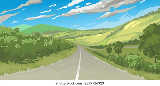 Landscape in vector. Road summer mountains clouds and sun. Nature illustration.