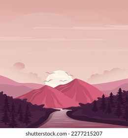 Landschaftsvektorlandschaft Design. mit Bergflüssen und Baumbestandteilen und warmer Färbung. für Unternehmens- oder Gemeindeposter