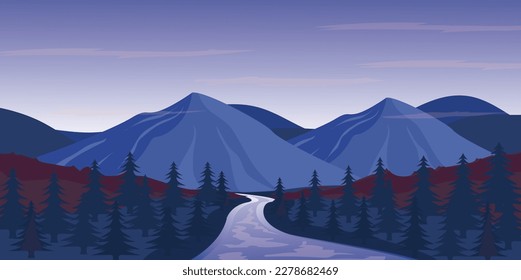 landscape vector scenery design. with mountain river and trees components and blue coloring. for business or community posters