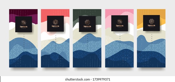 Landscape vector set packaging templates.Line pattern in Asian style with Japanese pattern.