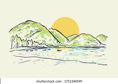 Landscape vector sketch color illustration with mountains, lake, boat and beach at sunset. Summer background in pastel colors. Design for  poster, print, banner and postcard