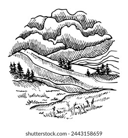 Landscape vector sketch. Hand drawn illustration with painted by black inks on isolated background. Engraving nature. Monochrome drawing forest, sky, mountains, hills in line art and doodle style