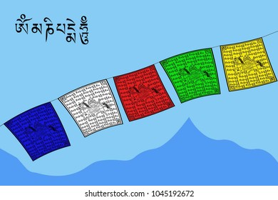 landscape vector traditional tibetan flags lugtta with mantra om mani padme hum on the background of mountains and blue sky