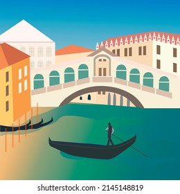 Landscape of the Venetian Canal, bridge, gondolier. Vector illustration of a gondola, ancient buildings and the Adriatic Sea, Venice. EPS 10.