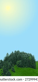 landscape vertical banner, forest with meadow and sun sky, grove with place for text in sky, vector illustration