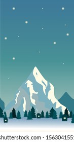 Landscape. Vertical image of the mountain against the night sky, pine trees and houses. Vector graphics.