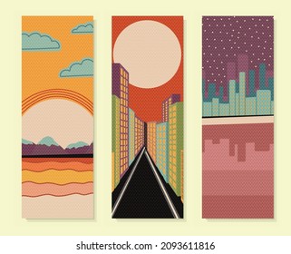 Landscape vertical poster. Stylized landscape. Cool fashion interior poster. City street. City near the water. SUNSET from the sun. Retro design.