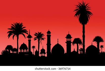 Landscape of very detailed vector indian monument and palm trees silhouettes